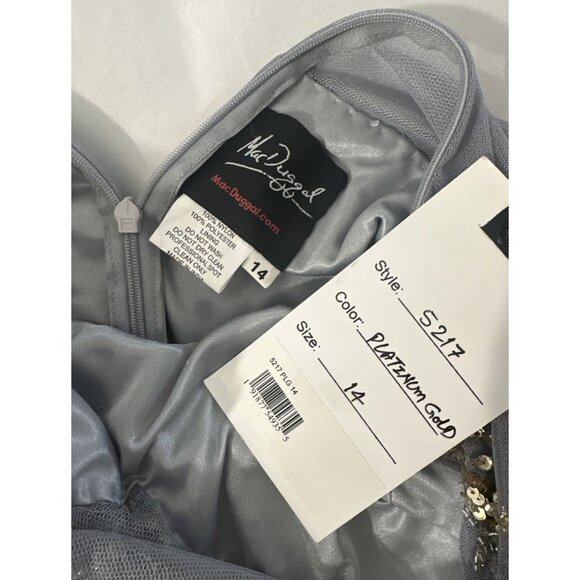 NWT $798 Mac Duggal [ 14 ] Long Sleeve Embellished Illusion Gown‎ Platinum Gold - Picture 7 of 15